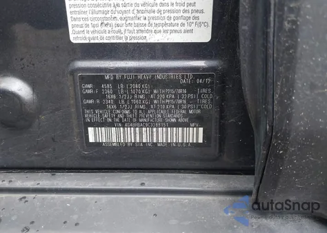 2012 Subaru Outback 2.5I z USA, uszkodzony, nr VIN 4S4BRBAC9C3288151